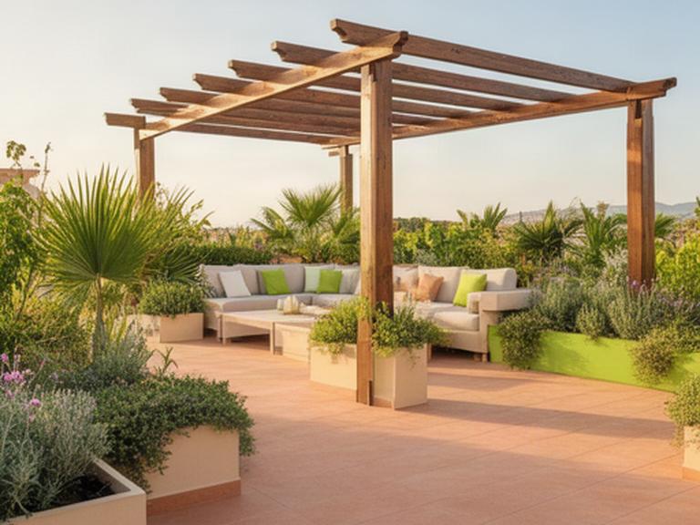 Terraza mediterránea terminada en Murcia con pérgola, suelo exterior y plantas en jardineras