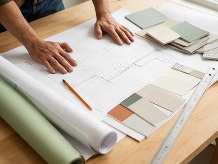 Profesional revisando planos de una terraza residencial sobre una mesa de trabajo