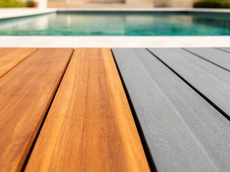 Detalle de lamas de madera natural y composite colocadas junto a una piscina soleada