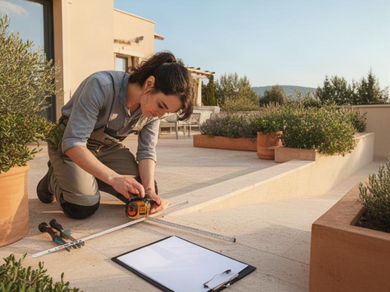 Persona tomando medidas de una terraza residencial para preparar una propuesta de diseño