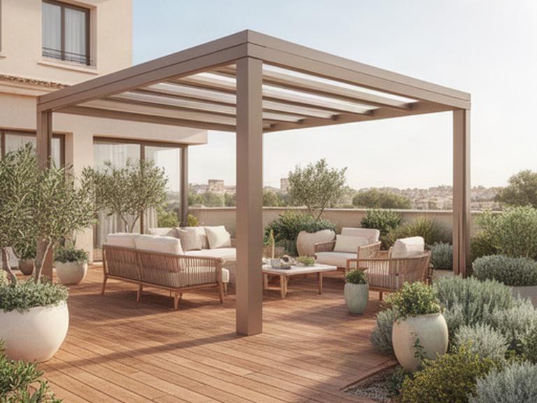 Terraza contemporánea en Murcia con tarima de madera, pérgola ligera y plantas mediterráneas